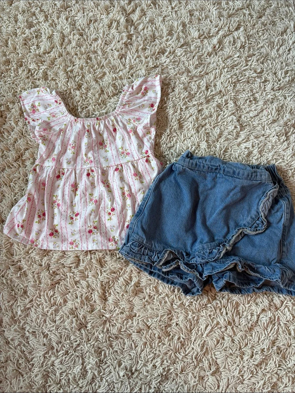 Floral Ruffle Top with Denim Skirt Set